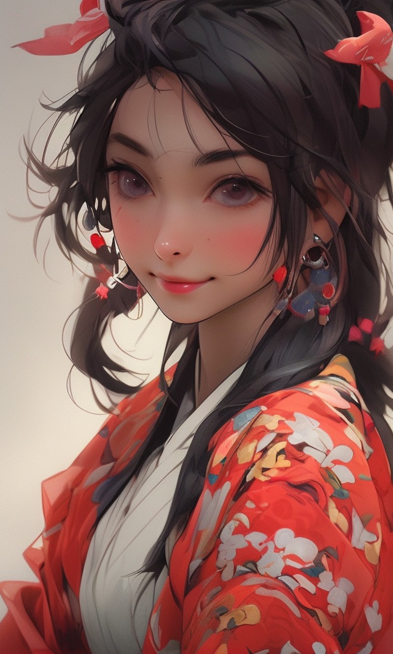1girl, braid, long hair, kimono, upper body, japanese clothes, hanfu, brown eyes, looking at viewer, hair ornament, red ri...